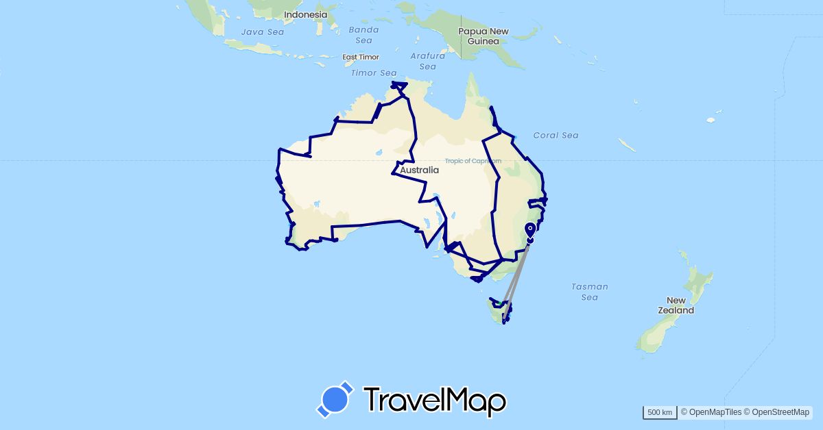 TravelMap itinerary: driving, bus, plane, cycling, boat in Australia (Oceania)