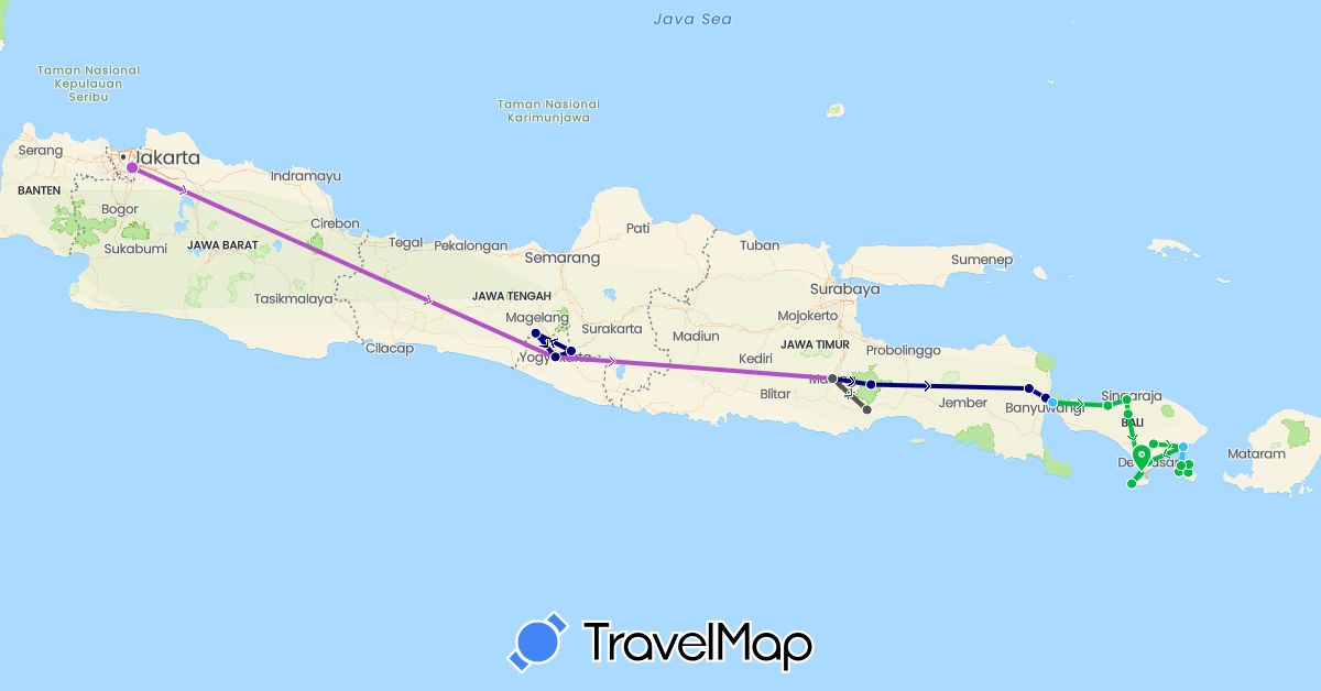 TravelMap itinerary: driving, bus, train, boat, motorbike in Indonesia (Asia)